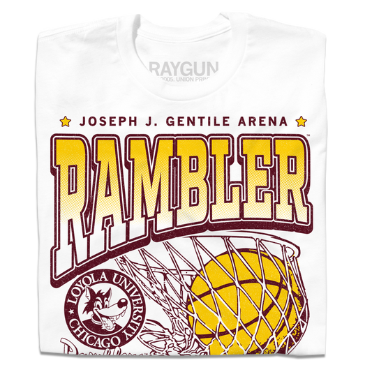 White t-shirt featuring the text JOSEPH J. GENTILE ARENA above RAMBLER, with the Loyola University Chicago wolf logo and a basketball going through a hoop below for Rambler basketball fans.
