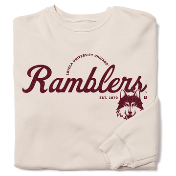 Heather Dust crewneck sweatshirt with Loyola University Chicago Ramblers and a wolf mascot logo in maroon text.