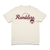Cream-colored heavyweight cotton Loyola University Chicago Ramblers t-shirt featuring a maroon wolf mascot logo.