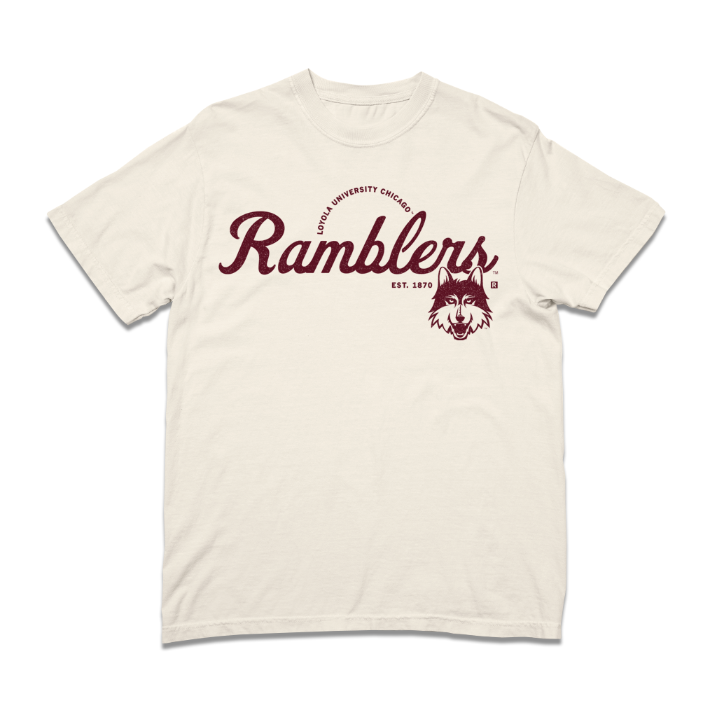 Cream-colored heavyweight cotton Loyola University Chicago Ramblers t-shirt featuring a maroon wolf mascot logo.