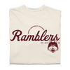 Off-white heavyweight cotton t-shirt with maroon text reading Loyola University Chicago Ramblers Est. 1870 and a graphic of a wolf’s head.