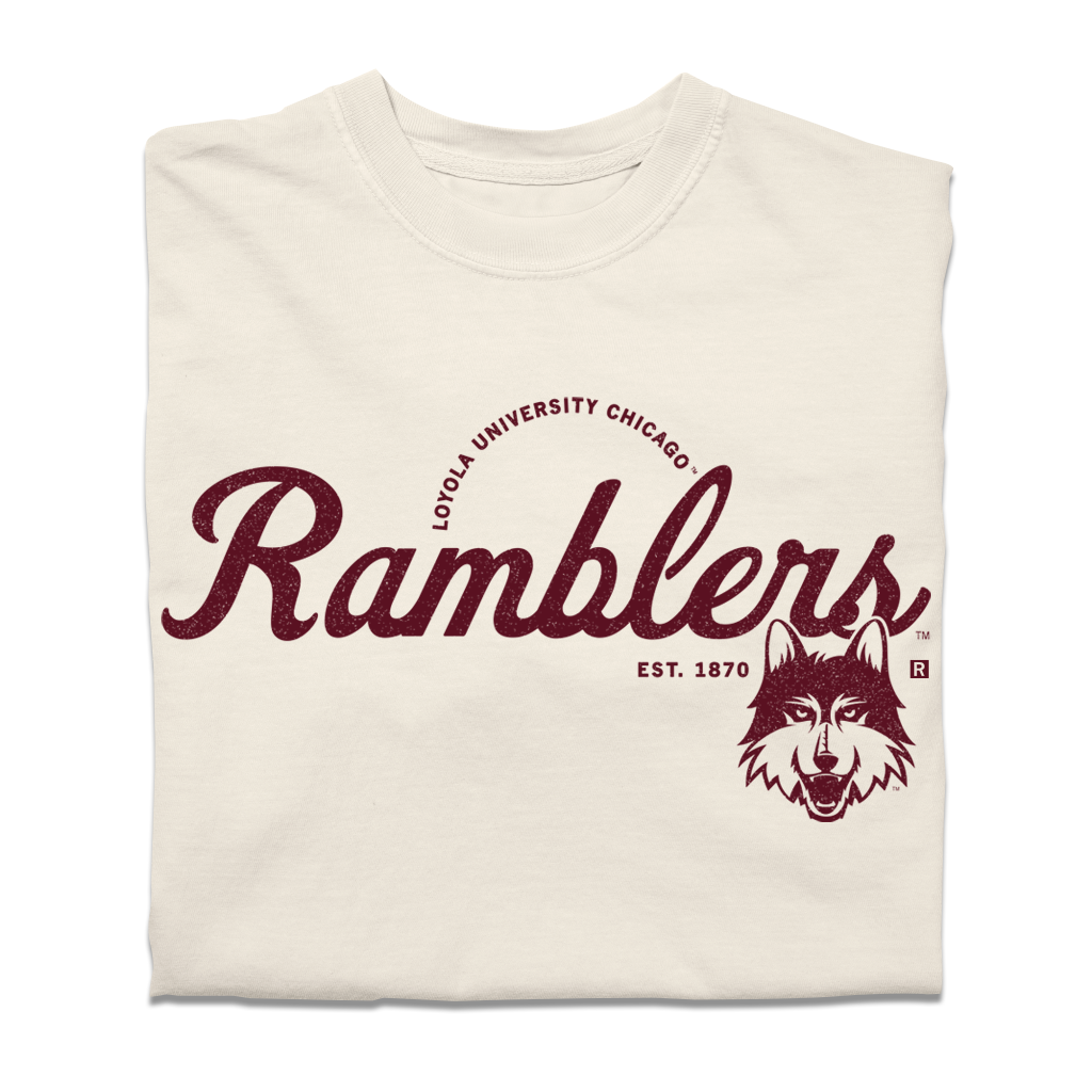 Off-white heavyweight cotton t-shirt with maroon text reading Loyola University Chicago Ramblers Est. 1870 and a graphic of a wolf’s head.