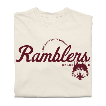Off-white heavyweight cotton t-shirt with maroon text reading Loyola University Chicago Ramblers Est. 1870 and a graphic of a wolf’s head.