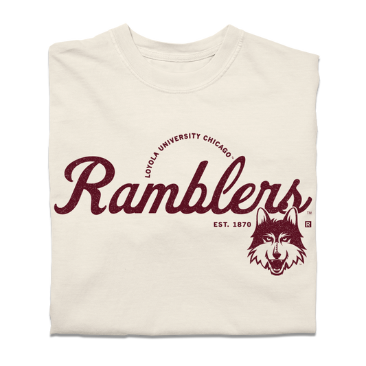 Off-white heavyweight cotton t-shirt with maroon text reading Loyola University Chicago Ramblers Est. 1870 and a graphic of a wolf’s head.