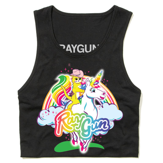 Black crop Pride tank top featuring a graphic of a cat in a pink cowboy hat riding a unicorn in front of a rainbow, with the word RayGun printed below.