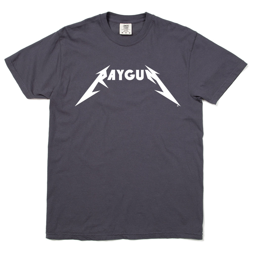 Heavyweight graphite short-sleeve t-shirt with RAYGUN printed in a white, metallic-style font.