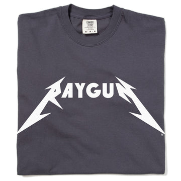 Heavyweight graphite t-shirt with RAYGUN printed in white in a heavy metal-style font.