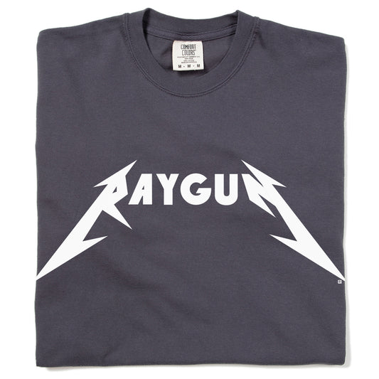 Heavyweight graphite t-shirt with RAYGUN printed in white in a heavy metal-style font.