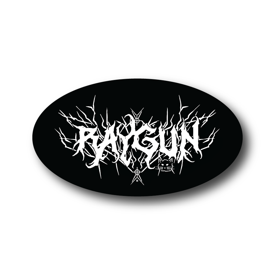 Black oval RAYGUN vinyl sticker featuring the word written in a stylized, thorny metal-font logo with a small cat face below the text.