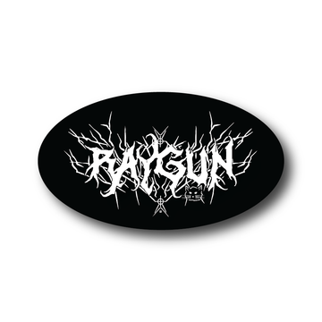 Black oval RAYGUN vinyl sticker featuring the word written in a stylized, thorny metal-font logo with a small cat face below the text.