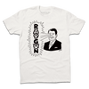 A folded white shirt with blank ink depicting a cartoon Ronald Reagan to the right shooting beams out of his eyes to the left that reads "RAYGUN" in vertical text.