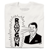 A folded white shirt with blank ink depicting a cartoon Ronald Reagan to the right shooting beams out of his eyes to the left that reads "RAYGUN" in vertical text.