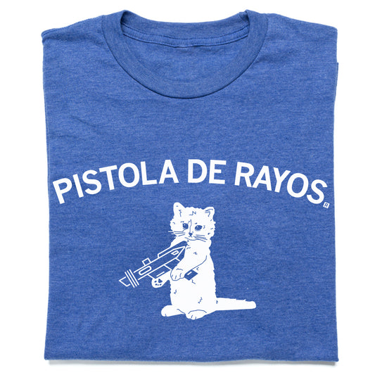 Heather royal t-shirt featuring a white graphic of a cat holding a ray gun and the text PISTOLA DE RAYOS.