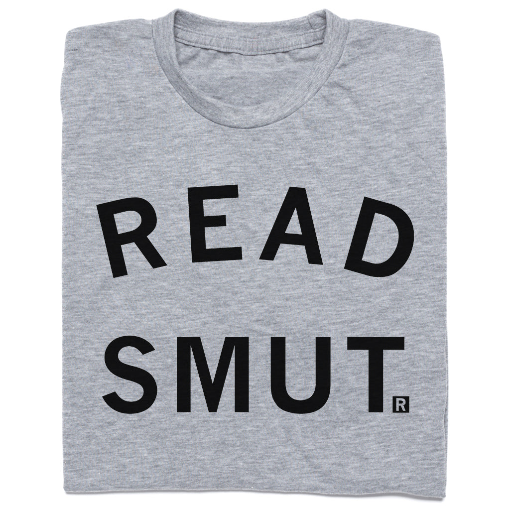 A heather grey RAYGUN t-shirt with the text READ SMUT printed in black capital letters.