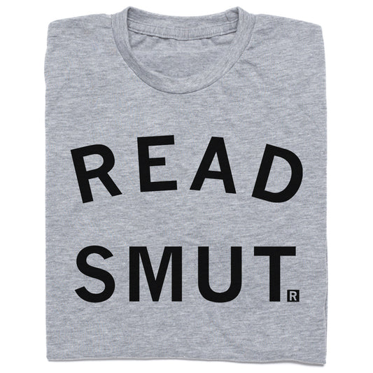 A heather grey RAYGUN t-shirt with the text READ SMUT printed in black capital letters.