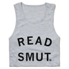 Gray sleeveless RAYGUN tank top with the black text READ SMUT. printed on the front.