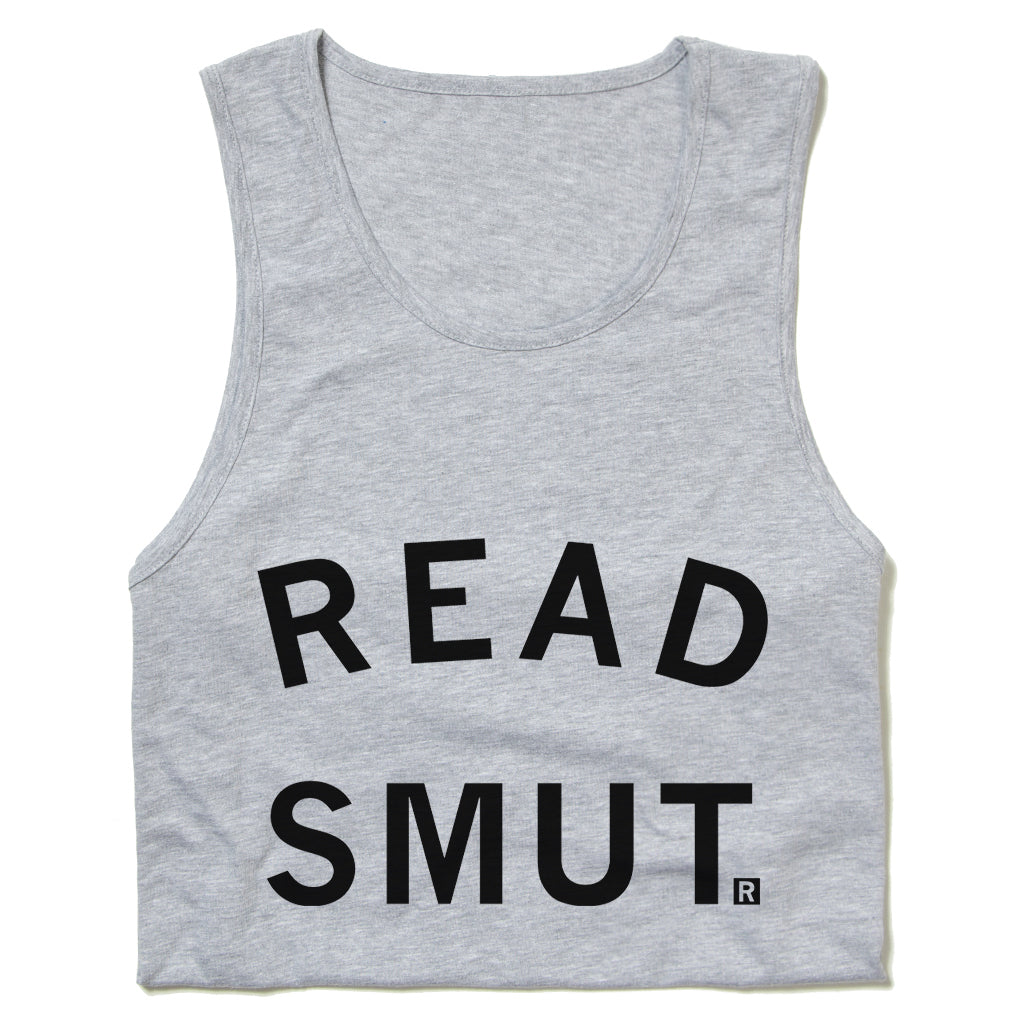 Gray sleeveless RAYGUN tank top with the black text READ SMUT. printed on the front.