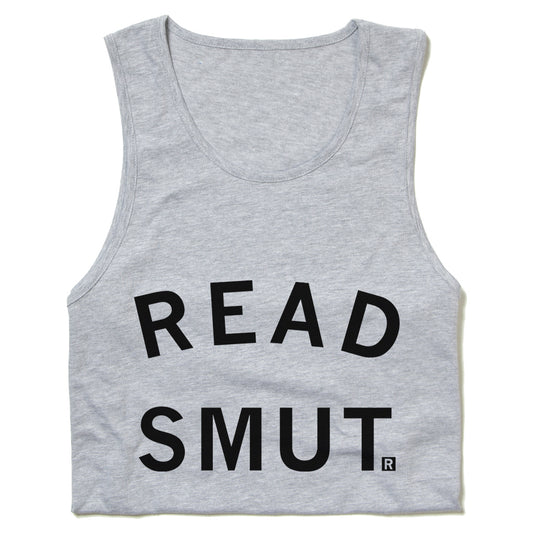 Gray sleeveless RAYGUN tank top with the black text READ SMUT. printed on the front.
