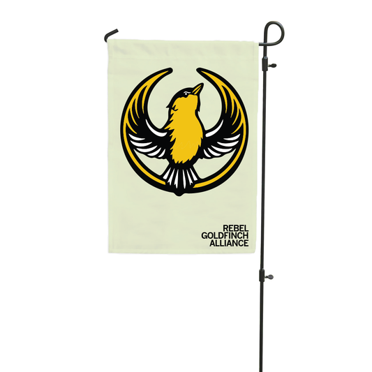 A polyester garden flag featuring a yellow goldfinch centered within a yellow crescent moon icon, with the text REBEL GOLDFINCH ALLIANCE in the bottom corner.