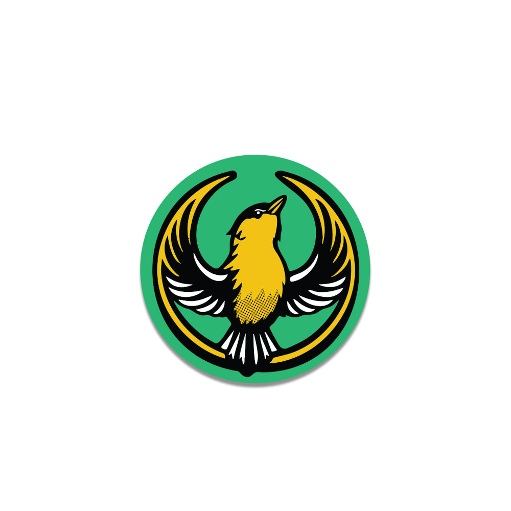 A green circular sticker with the Rebel Goldfinch Alliance Logo. It uses a goldfinch with outstretched wings to mimic the shape of the Star Wars Rebel Alliance Logo. The goldfinch  is printed with black, gold, and white ink.