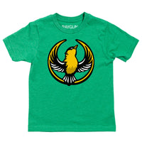 A heather green youth t-shirt with the Rebel Goldfinch Alliance Logo. It uses a goldfinch with outstretched wings to mimic the shape of the Star Wars Rebel Alliance Logo. The goldfinch  is printed with black, gold, and white ink.