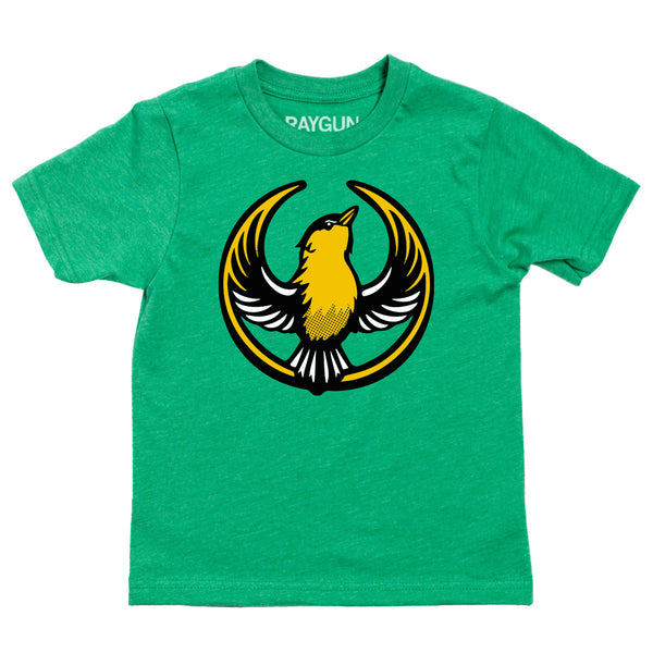A heather green youth t-shirt with the Rebel Goldfinch Alliance Logo. It uses a goldfinch with outstretched wings to mimic the shape of the Star Wars Rebel Alliance Logo. The goldfinch  is printed with black, gold, and white ink.