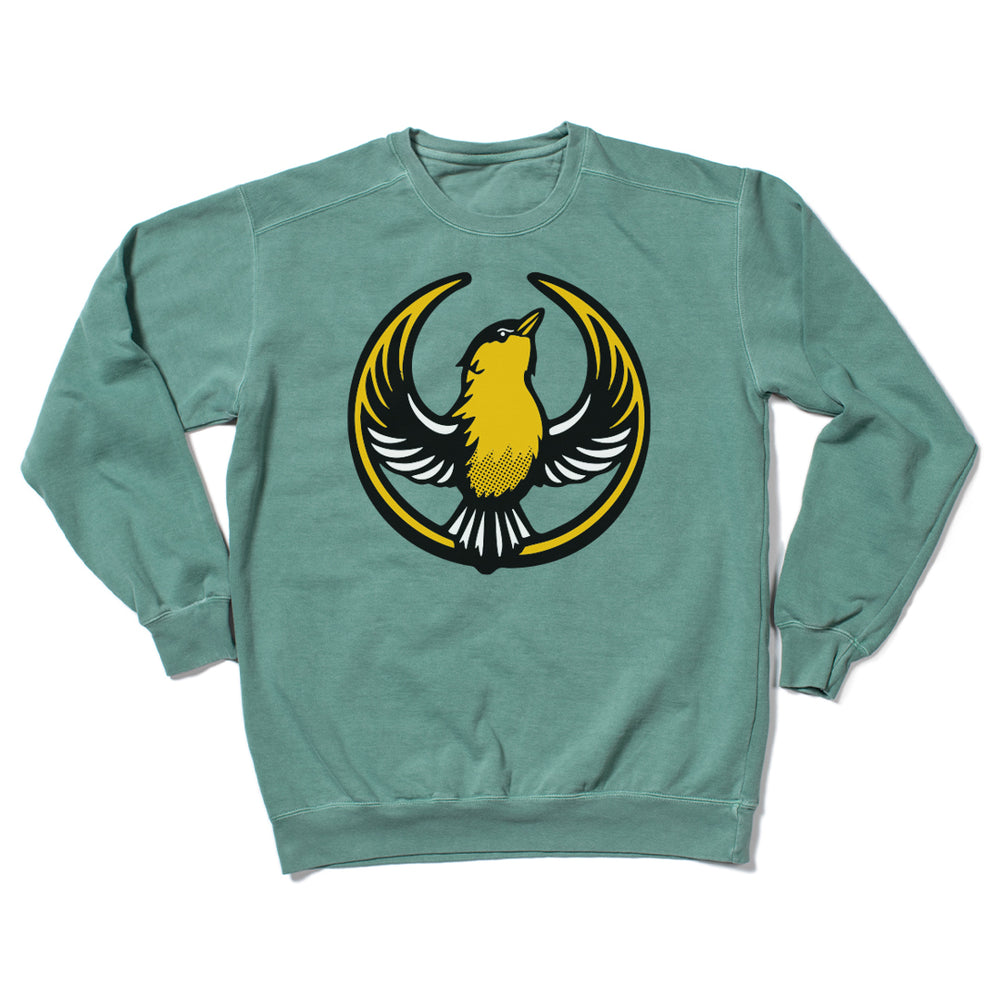 Green comfort colors crewneck sweatshirt with the Rebel Goldfinch Alliance Logo. It uses a goldfinch with outstretched wings to mimic the shape of the Star Wars Rebel Alliance Logo. The goldfinch  is printed with black, gold, and white ink.