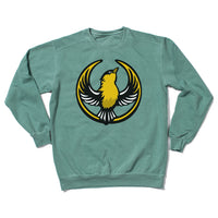 Green comfort colors crewneck sweatshirt with the Rebel Goldfinch Alliance Logo. It uses a goldfinch with outstretched wings to mimic the shape of the Star Wars Rebel Alliance Logo. The goldfinch  is printed with black, gold, and white ink.
