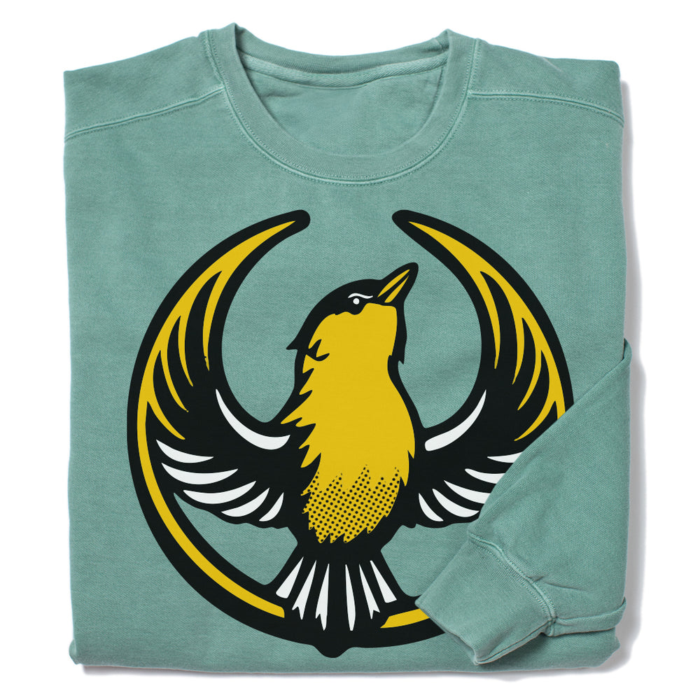 A folded green crewneck sweatshirt with the Rebel Goldfinch Alliance Logo. It uses a goldfinch with outstretched wings to mimic the shape of the Star Wars Rebel Alliance Logo. The goldfinch  is printed with black, gold, and white ink.