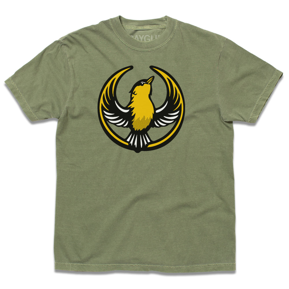 Comfort Colors hemp green heavyweight t-shirt with the Rebel Goldfinch Alliance Logo. It uses a goldfinch with outstretched wings to mimic the shape of the Star Wars Rebel Alliance Logo. The goldfinch  is printed with black, gold, and white ink.
