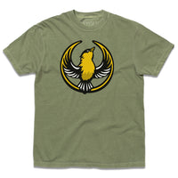 Comfort Colors hemp green heavyweight t-shirt with the Rebel Goldfinch Alliance Logo. It uses a goldfinch with outstretched wings to mimic the shape of the Star Wars Rebel Alliance Logo. The goldfinch  is printed with black, gold, and white ink.