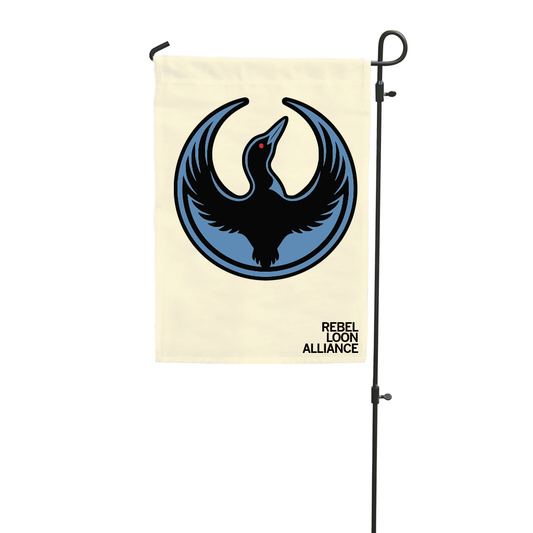 A Rebel Loon Alliance garden flag featuring a black loon silhouette inside a blue crescent, with the text REBEL LOON ALLIANCE printed at the bottom right.