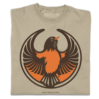 A folded heavyweight khaki shirt with the Rebel American Robin Alliance Logo. It uses a american robin with outstretched wings to mimic the shape of the Star Wars Rebel Alliance Logo. The american robin is printed in orange and brown ink.