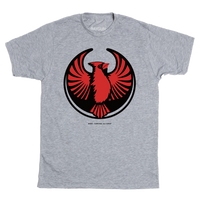 A heather grey shirt with the Rebel Northern Cardinal Alliance Logo. It uses a northern cardinal with outstretched wings to mimic the shape of the Star Wars Rebel Alliance Logo. The northern cardinal is printed in red and black ink.