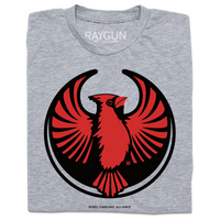 A folded heather grey t-shirt with the Rebel Northern Cardinal Alliance Logo. It uses a northern cardinal with outstretched wings to mimic the shape of the Star Wars Rebel Alliance Logo. The northern cardinal is printed in red and black ink.