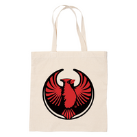 A canvas tote bag with the Rebel Northern Cardinal Alliance Logo. It uses a northern cardinal with outstretched wings to mimic the shape of the Star Wars Rebel Alliance Logo. The bird is printed in black and red.