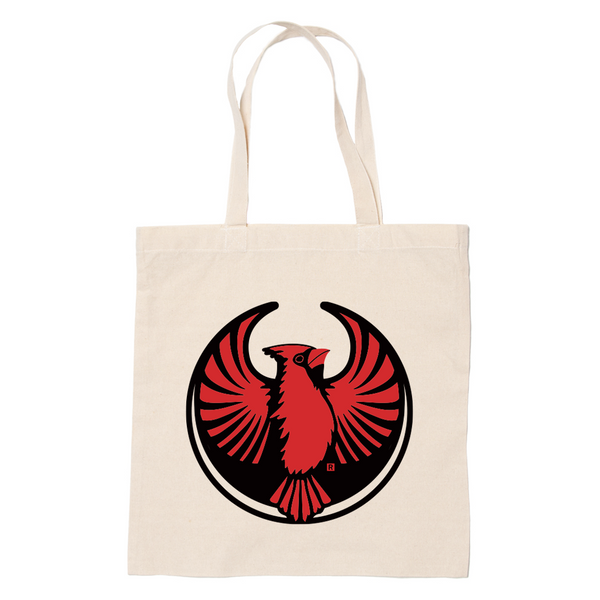 A canvas tote bag with the Rebel Northern Cardinal Alliance Logo. It uses a northern cardinal with outstretched wings to mimic the shape of the Star Wars Rebel Alliance Logo. The bird is printed in black and red.