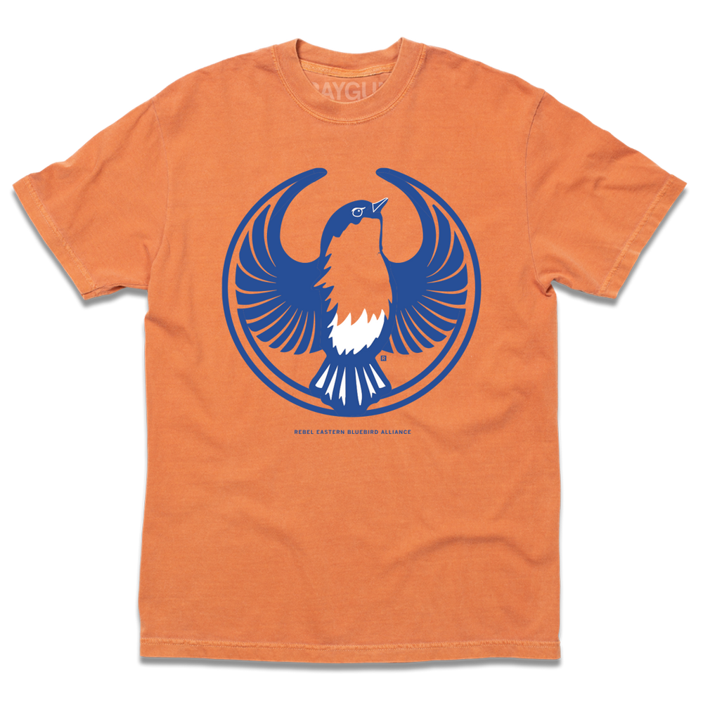 Comfort Colors heavyweight yam t-shirt with the Rebel Eastern Bluebird Alliance Logo. It uses a eastern bluebird with outstretched wings to mimic the shape of the Star Wars Rebel Alliance Logo. The eastern bluebird is printed in blue & white ink.