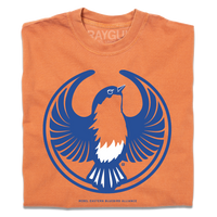 A folded heavyweight orange shirt with the Rebel Eastern Bluebird Alliance Logo. It uses a eastern bluebird with outstretched wings to mimic the shape of the Star Wars Rebel Alliance Logo. The eastern bluebird is printed in blue & white ink.