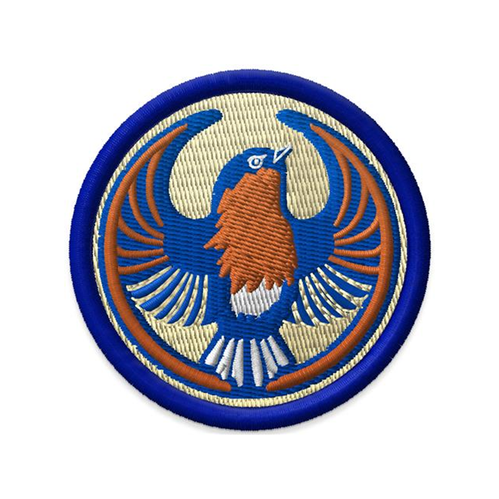 A circular embroidered patch with the Rebel Eastern Bluebird Alliance Logo. It uses a eastern bluebird with outstretched wings to mimic the shape of the Star Wars Rebel Alliance Logo. The eastern bluebird is blue, orange, and white. The border of the patch is royal blue and the rest of it is beige.