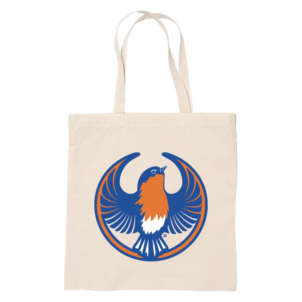 A canvas tote bag with the Rebel Eastern Bluebird Alliance Logo. It uses a eastern bluebird with outstretched wings to mimic the shape of the Star Wars Rebel Alliance Logo. The bird is printed in blue, white, and orange.