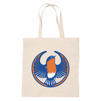 A canvas tote bag with the Rebel Eastern Bluebird Alliance Logo. It uses a eastern bluebird with outstretched wings to mimic the shape of the Star Wars Rebel Alliance Logo. The bird is printed in blue, white, and orange.