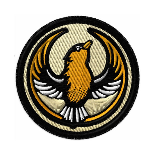 A circular embroidered patch with the Rebel Goldfinch Alliance Logo. It uses a goldfinch with outstretched wings to mimic the shape of the Star Wars Rebel Alliance Logo. The goldfinch black, gold, and white. The border of the patch is black and the rest of the patch is very light gold.