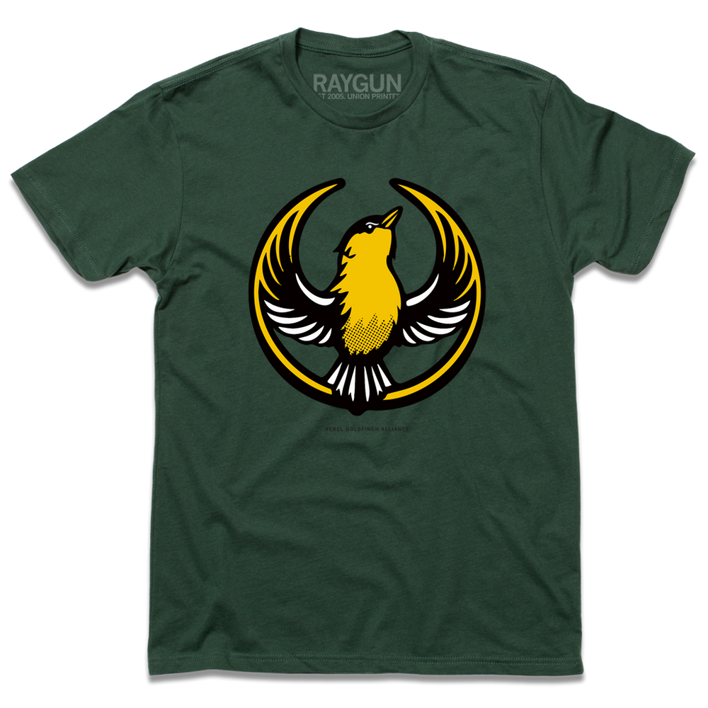 Forest green shirt with the Rebel Goldfinch Alliance Logo. It uses a goldfinch with outstretched wings to mimic the shape of the Star Wars Rebel Alliance Logo. The goldfinch  is printed with black, gold, and white ink.