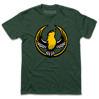 Forest green shirt with the Rebel Goldfinch Alliance Logo. It uses a goldfinch with outstretched wings to mimic the shape of the Star Wars Rebel Alliance Logo. The goldfinch  is printed with black, gold, and white ink.