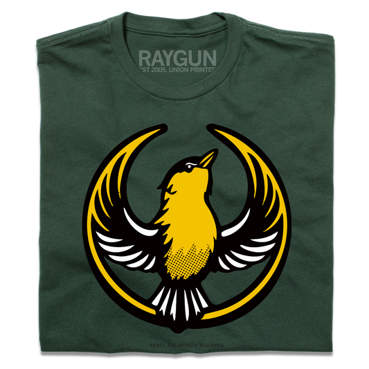A folded forest green shirt with the Rebel Goldfinch Alliance Logo. It uses a goldfinch with outstretched wings to mimic the shape of the Star Wars Rebel Alliance Logo. The goldfinch  is printed with black, gold, and white ink.
