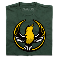 A folded forest green shirt with the Rebel Goldfinch Alliance Logo. It uses a goldfinch with outstretched wings to mimic the shape of the Star Wars Rebel Alliance Logo. The goldfinch  is printed with black, gold, and white ink.