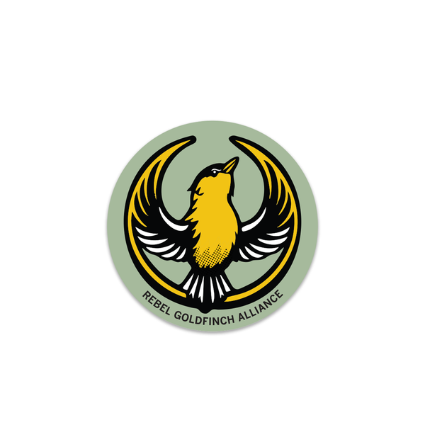 A green circular sticker with the Rebel Goldfinch Alliance Logo. It uses a goldfinch with outstretched wings to mimic the shape of the Star Wars Rebel Alliance Logo. The goldfinch  is printed with black, gold, and white ink.