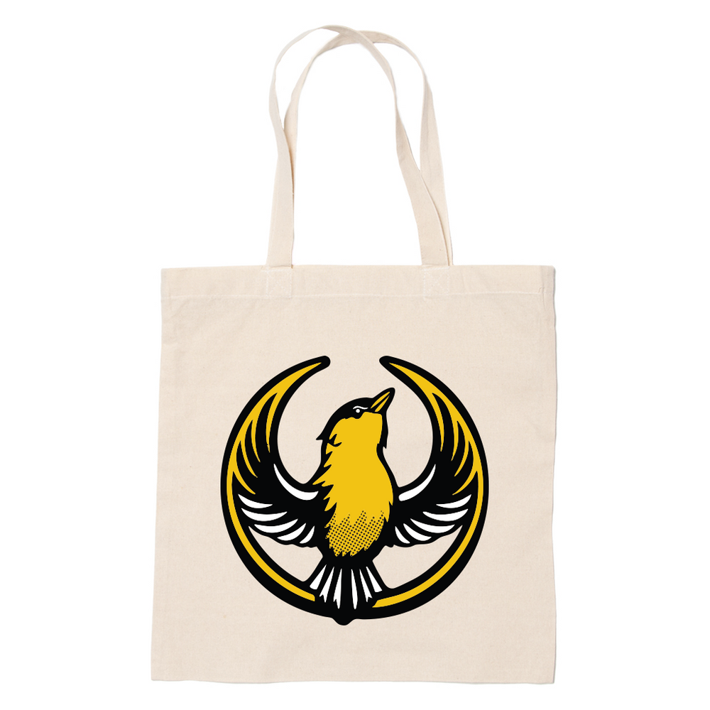 A canvas tote bag with the Rebel Goldfinch Alliance Logo. It uses a goldfinch with outstretched wings to mimic the shape of the Star Wars Rebel Alliance Logo. The bird is printed in black, gold, and white.