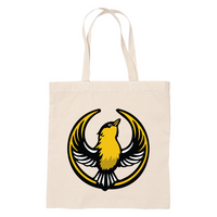 A canvas tote bag with the Rebel Goldfinch Alliance Logo. It uses a goldfinch with outstretched wings to mimic the shape of the Star Wars Rebel Alliance Logo. The bird is printed in black, gold, and white.